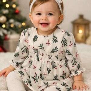 Carter's White Dress with Green Leaf and Red Berry Print